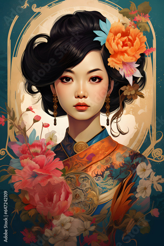 Couverture de livre d'une belle princesse japonaise dans une ambiance florale » IA générative