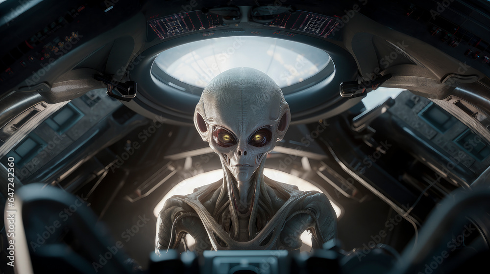 extraterrestrial alien at the controls of a spaceship - alien invasion concept extraterrestrial alien at the controls of a spaceship - alien invasion concept