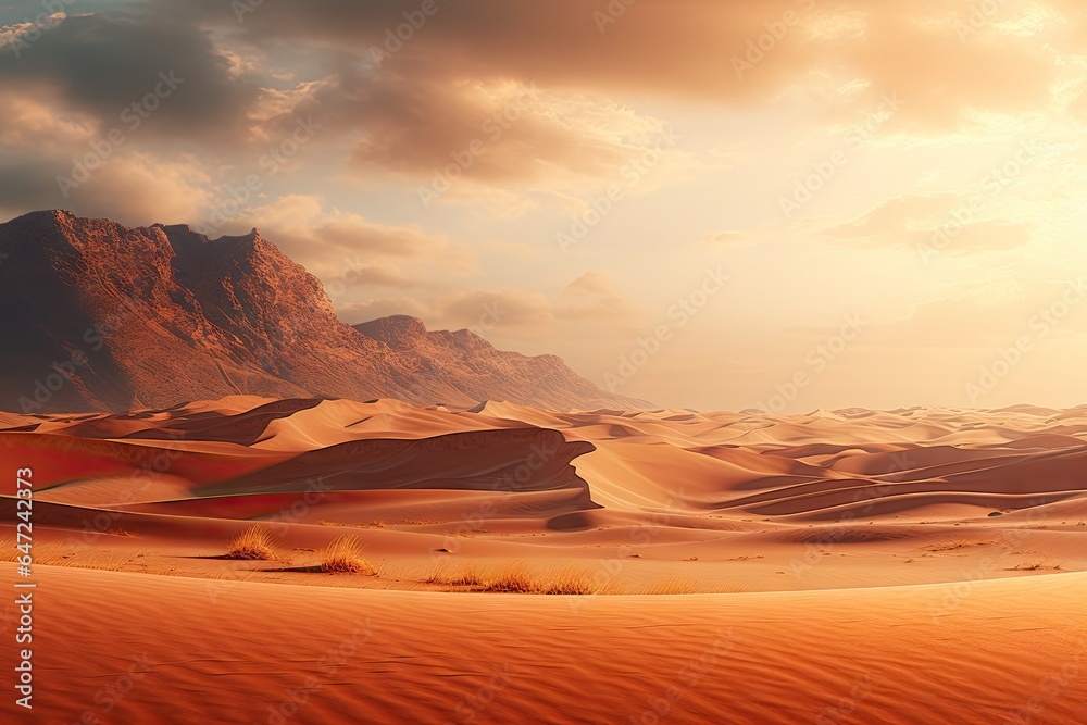 A desert with a few sand dunes and mountain