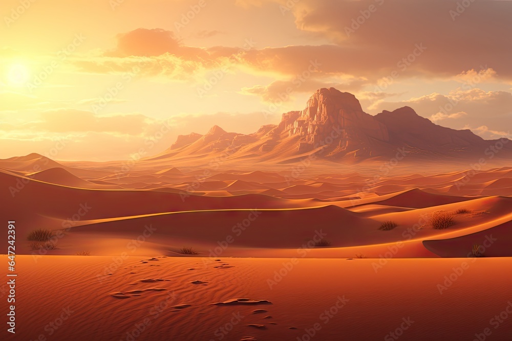 A desert with a few sand dunes and mountain