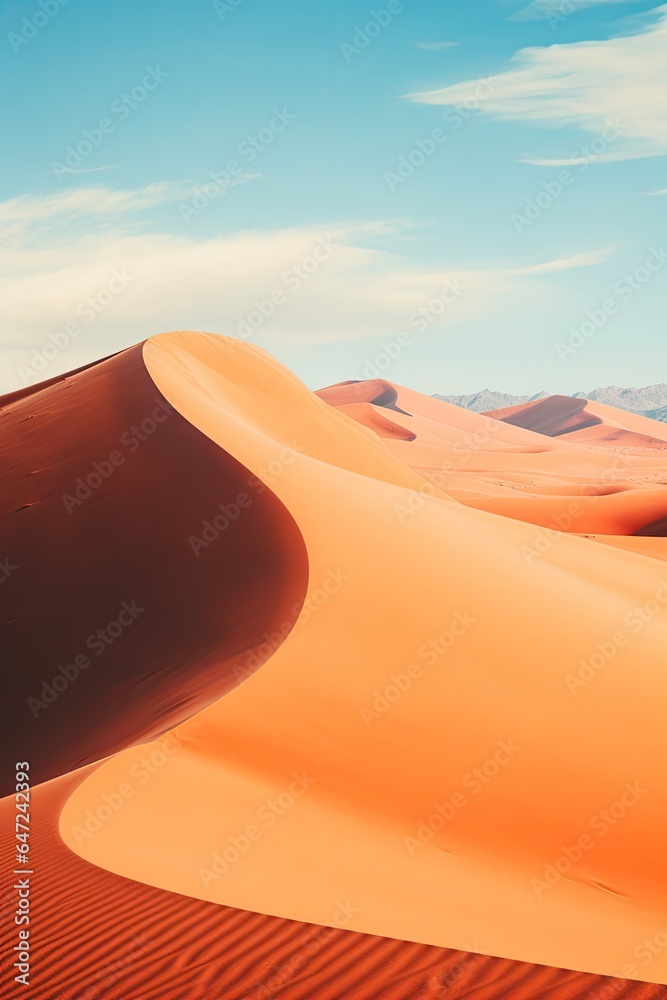 A desert with a few sand dunes and mountain