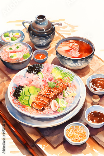 Couverture de livre à l'aquarelle d'un plat japonais dans un restaurant » IA générative
