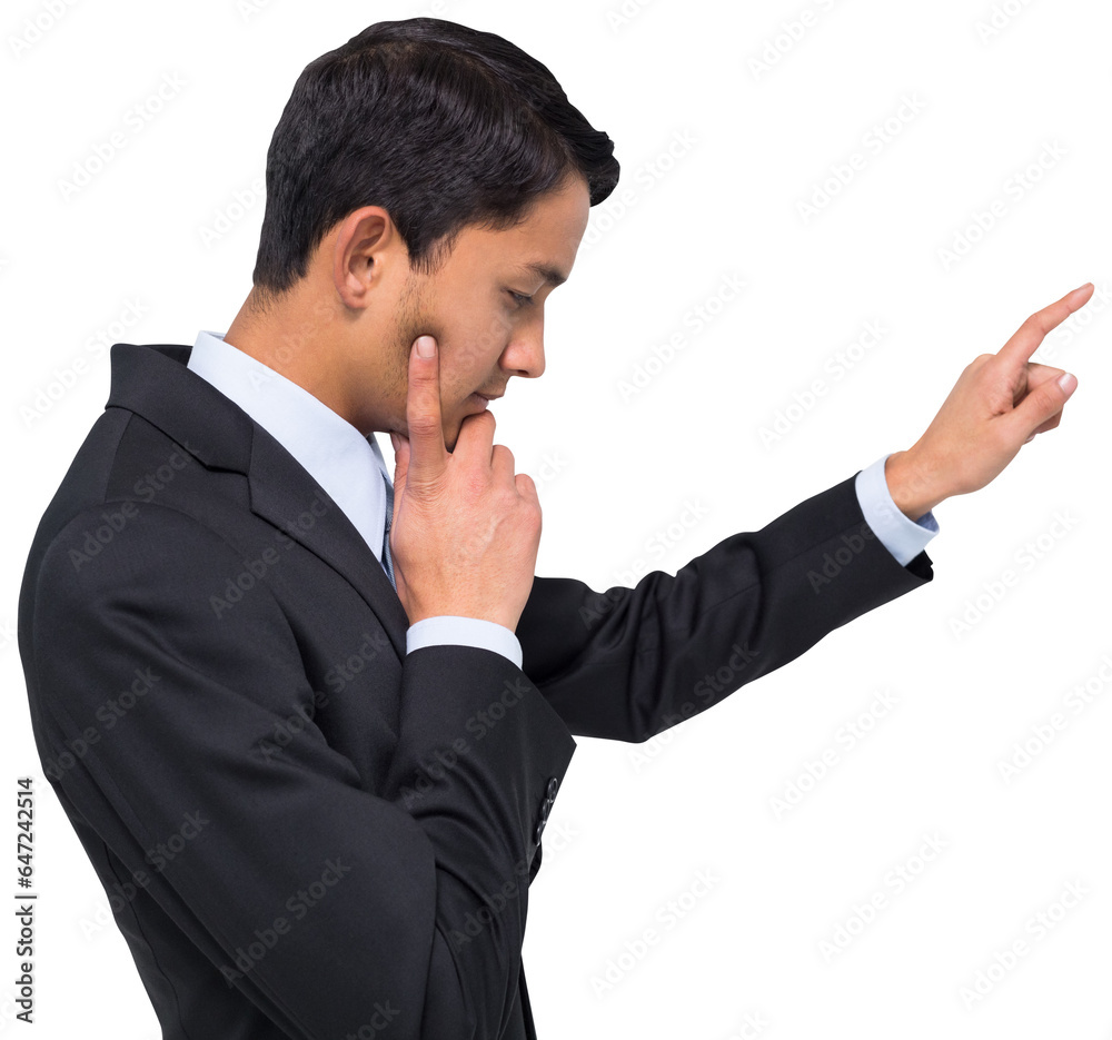 Digital png photo of biracial businessman pointing on transparent background Digital png photo of biracial businessman pointing on transparent background