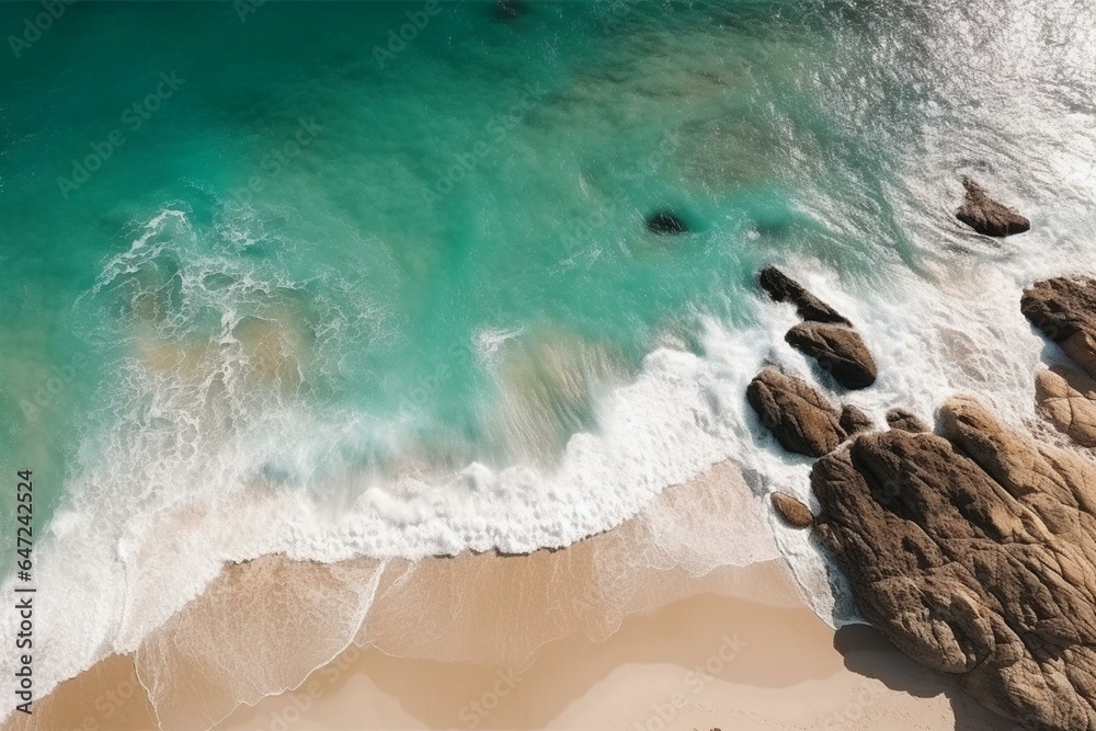 Overhead view of a beach and waves with turquoise water. Aerial view of the sea in summer, reflecting the idea of travel. Generative AI
