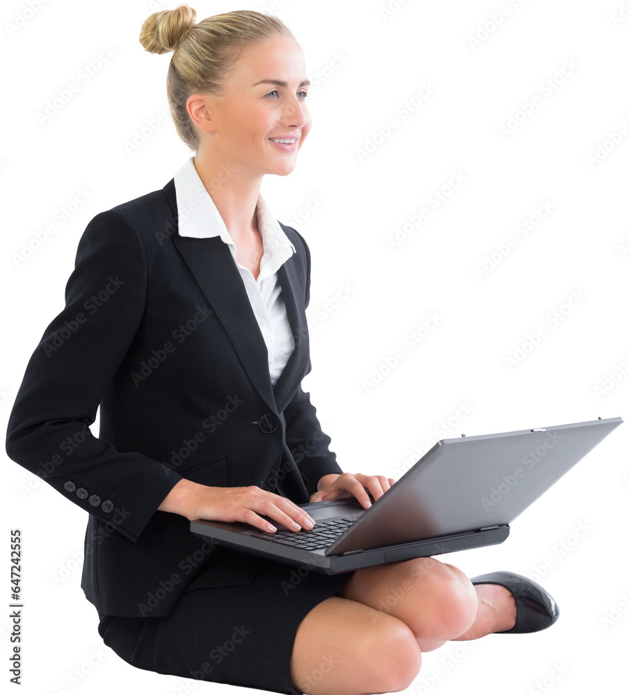 Digital png photo of caucasian businesswoman using laptop on transparent background Digital png photo of caucasian businesswoman using laptop on transparent background