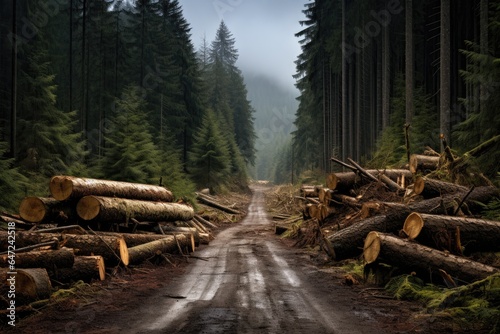 A dirt road surrounded by logs and trees photo