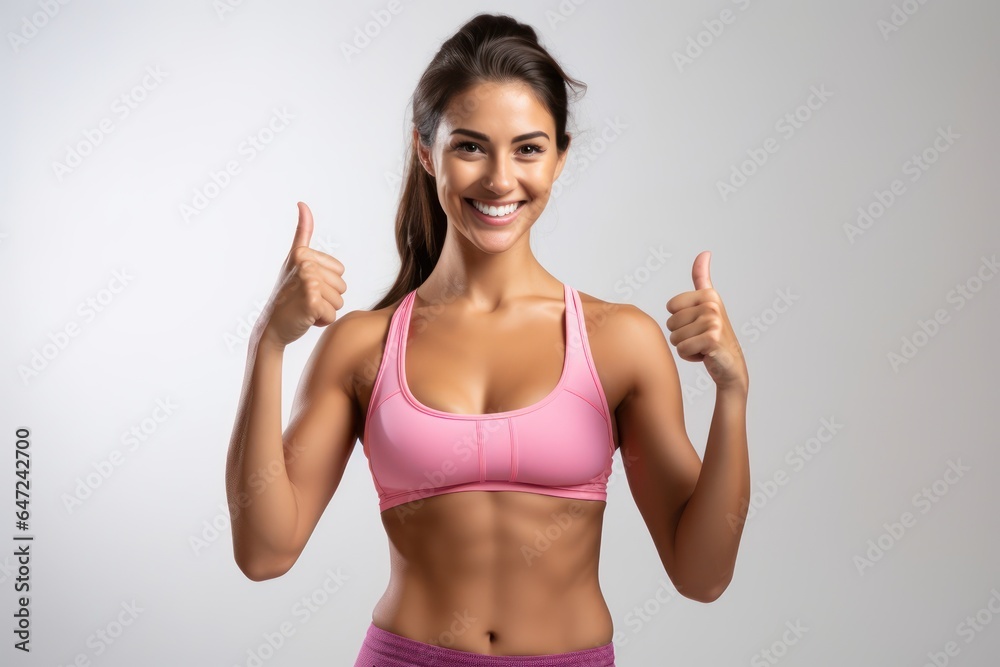 Portrait of a smiling sportswoman in pink sportswear showing her biceps isolated on a white background and Looking at the camera. Portrait of a smiling sportswoman in pink sportswear showing her biceps isolated on a white background and Looking at the camera.