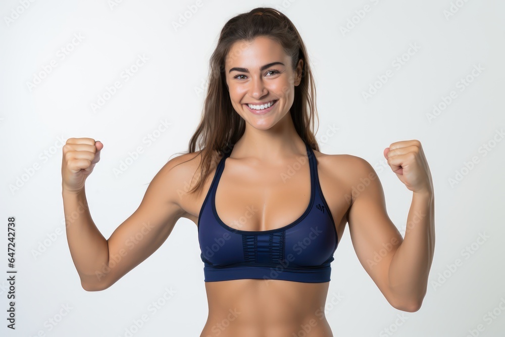 Portrait of a smiling sportswoman in deep blue color sportswear showing her biceps isolated on a white background and Looking at the camera. Portrait of a smiling sportswoman in deep blue color sportswear showing her biceps isolated on a white background and Looking at the camera.