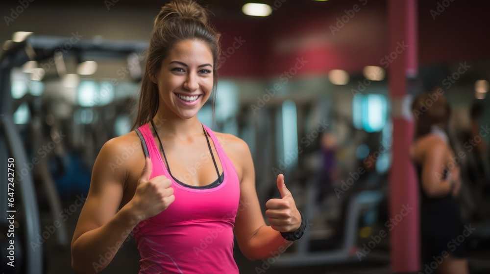 Close up image of attractive fit woman in gym. Portrait of a smiling sportswoman in pink sportswear showing her thumb up and her biceps over the gym background.