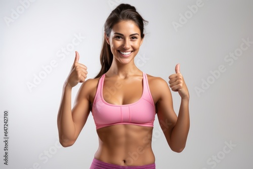 Portrait of a smiling sportswoman in pink sportswear showing her biceps isolated on a white background and Looking at the camera. © Kowit