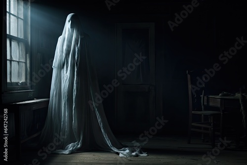 A ghostly woman standing in a dark room