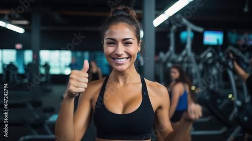 Close up image of attractive fit woman in gym. Portrait of a smiling sportswoman in black sportswear showing her thumb up and her biceps over the gym background.