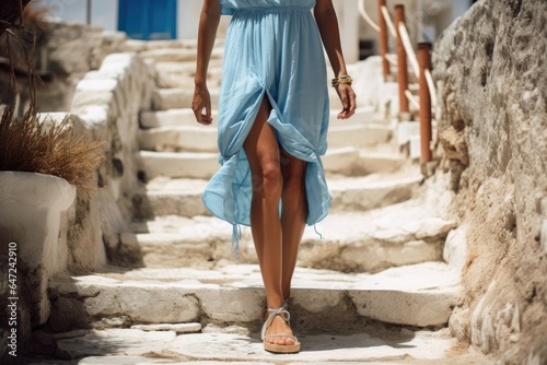A girl wearing a blue dress and some sandals © Tymofii