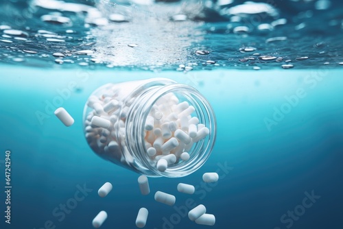 A glass jar filled with white pills floating, under the water
