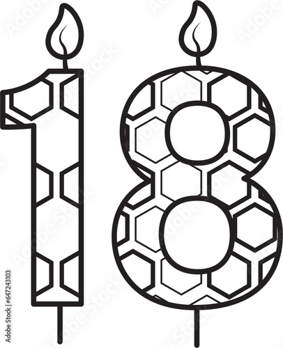 Digital png illustration of black 18 birthday candles with pattern on transparent background