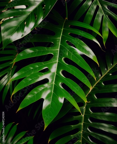 Monstera leaves in tropical forest. Selective focus. Generative Ai