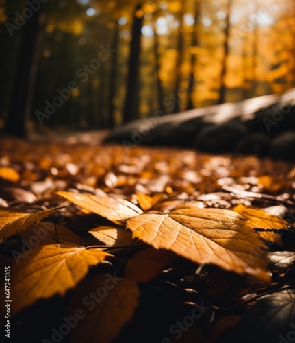  Autumn leaves on the ground in the forest. Blurred background Generative Ai