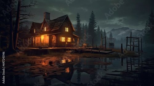 Old spooky house by a lake at night