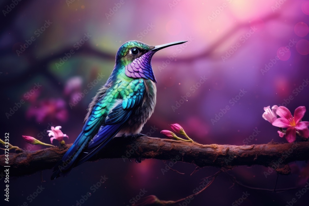 Fototapeta premium A hummingbird sits on a branch with purple background