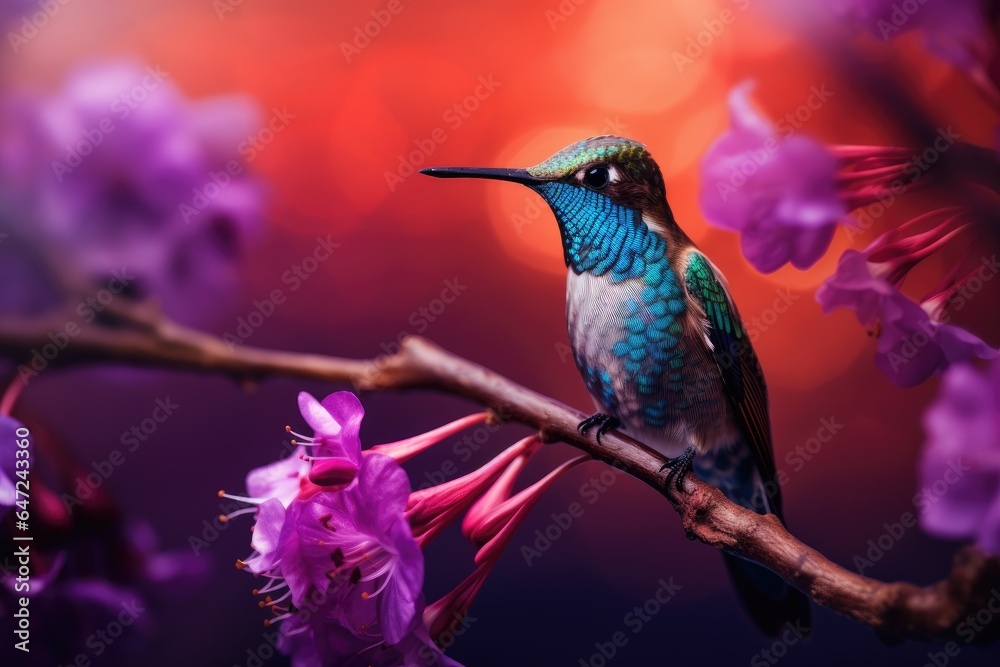 A hummingbird sits on a branch with purple background