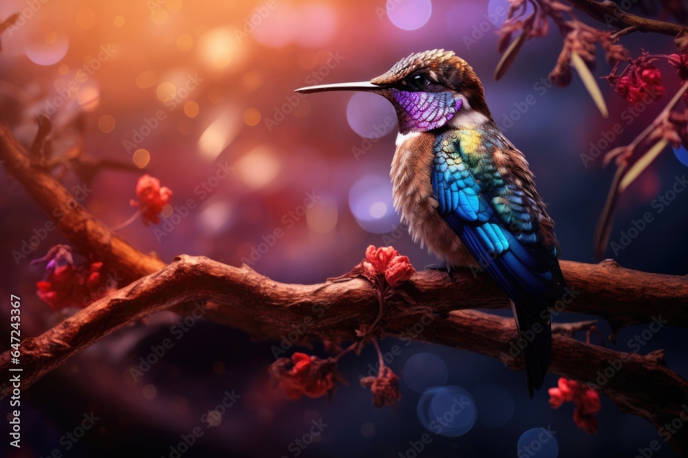 Fototapeta premium A hummingbird sits on a branch with purple background