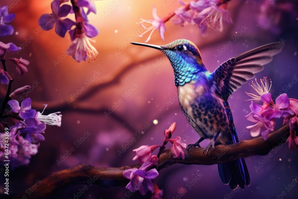 A hummingbird sits on a branch with purple background A hummingbird sits on a branch with purple background