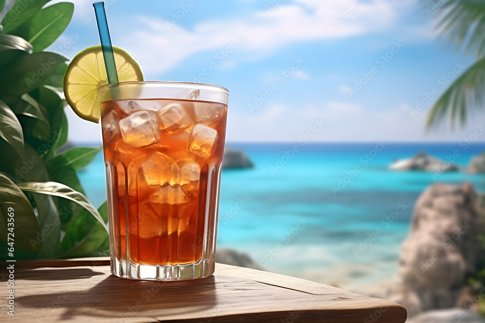 Iced tea with lemon slices and ice, fresh drink cocktail on a beach bokeh background. a glass of iced tea Iced tea with lemon slices and ice, fresh drink cocktail on a beach bokeh background. a glass of iced tea