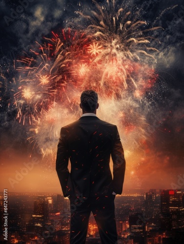 A man in a suit and tie with fireworks