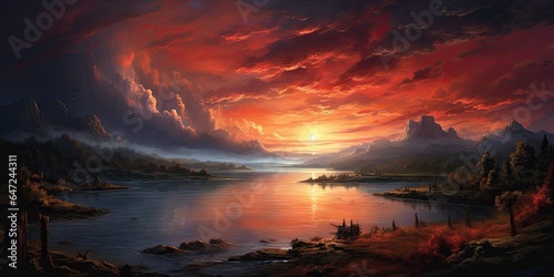 A painting of a sunset over a river photo