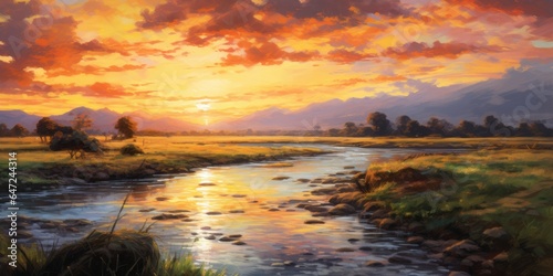 A painting of a sunset over a river