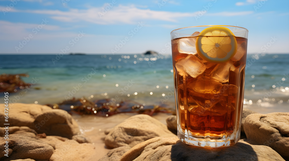 Iced tea with lemon slices and ice, fresh drink cocktail on a beach bokeh background. a glass of iced tea Iced tea with lemon slices and ice, fresh drink cocktail on a beach bokeh background. a glass of iced tea