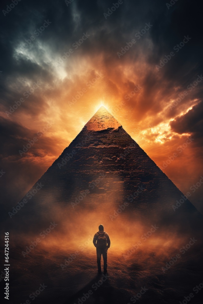 A person standing in front of a pyramid