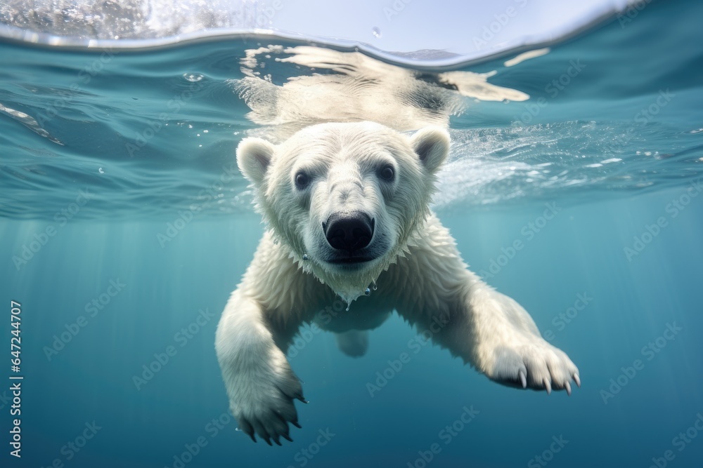 A polar bear swimming in a water - obrazy, fototapety, plakaty 