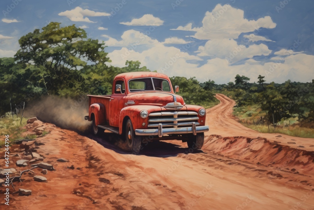 A red truck driving down a dirt road ai generated