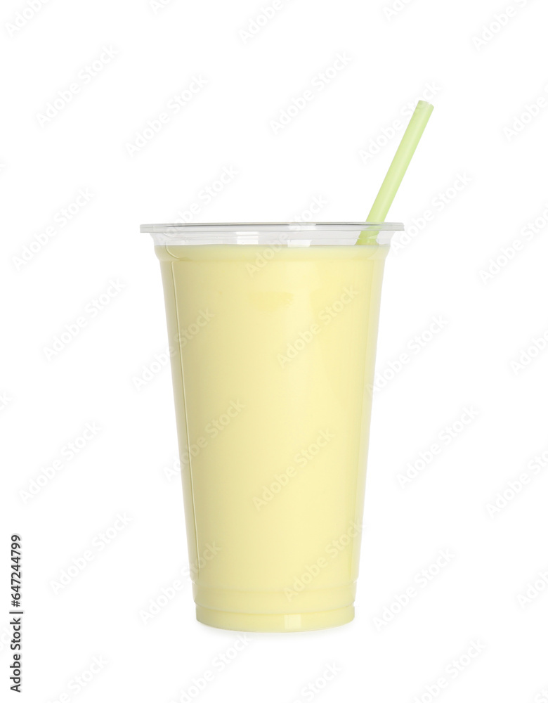 Plastic cup of tasty smoothie isolated on white Plastic cup of tasty smoothie isolated on white
