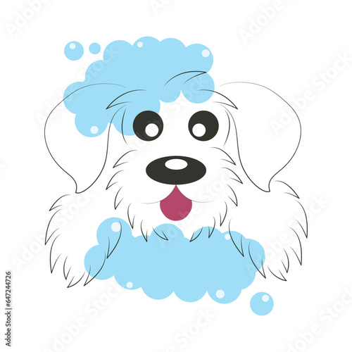 Logo shaggy dog in soap foam on a white background for a grooming salon