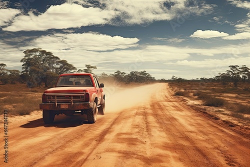 A red 4x4 truck driving down a dirt road © Tymofii