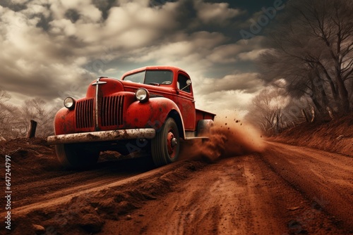 A red truck driving down a dirt road ai generated © Tymofii