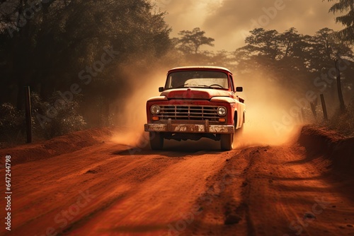 A red truck driving down a dirt road ai generated