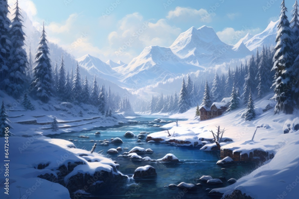 A snowy landscape with a river in the middle