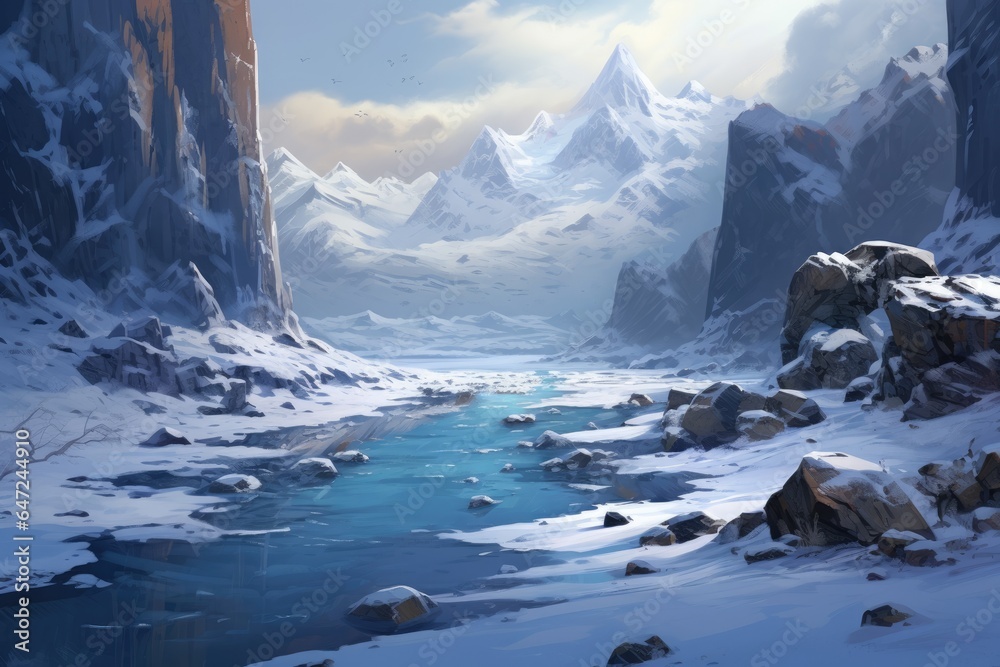 Fototapeta premium A snowy landscape with a river in the middle