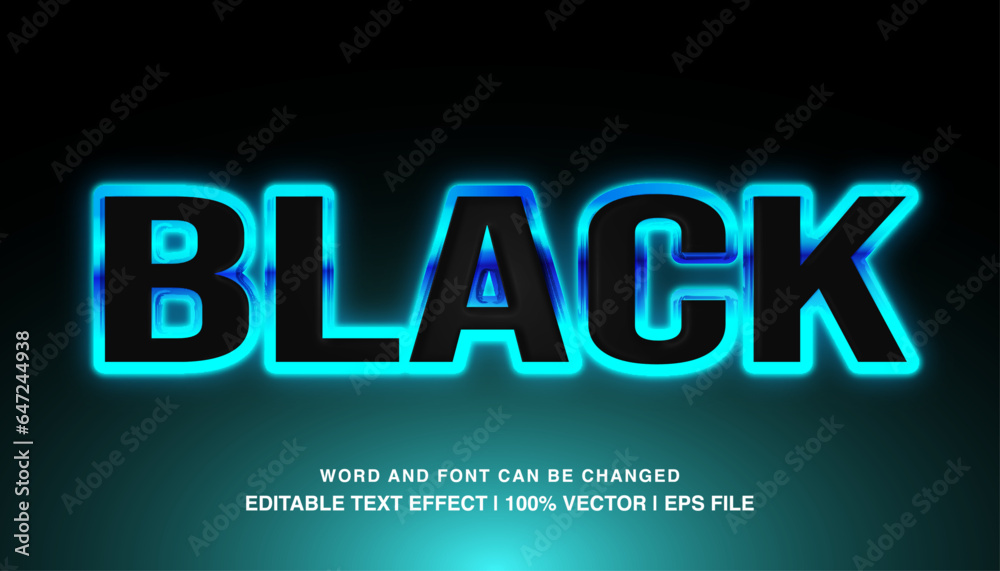 Black editable text effect template, 3d bold blue glossy neon light typeface, premium vector