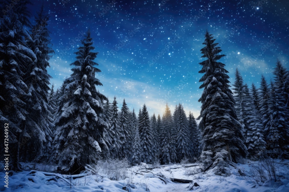 A snowy landscape with trees and stars