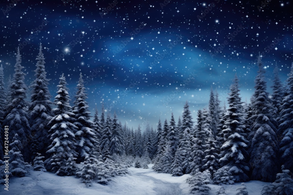 A snowy landscape with trees and stars