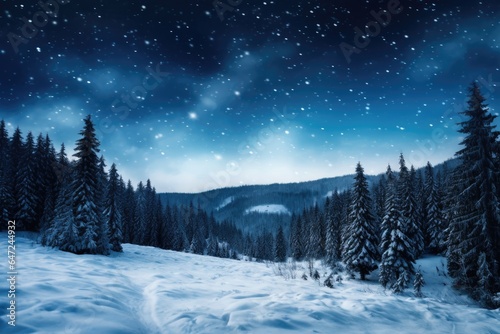 A snowy landscape with trees and stars