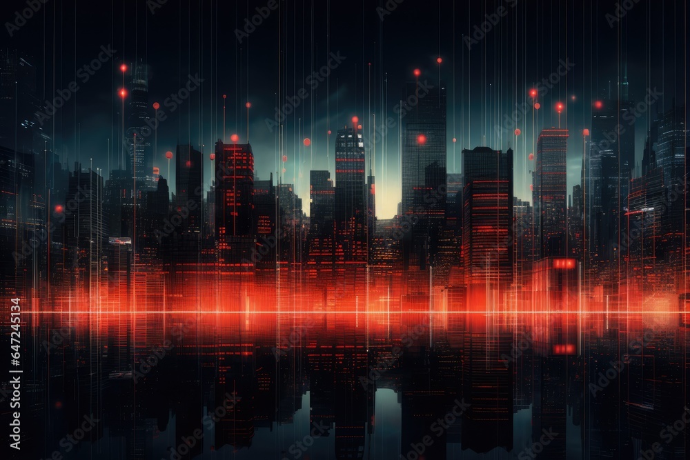 A view of a city at night with red light