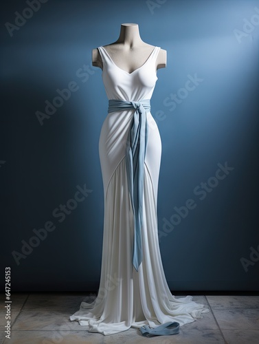 A white dress with a blue sash on a mannequin