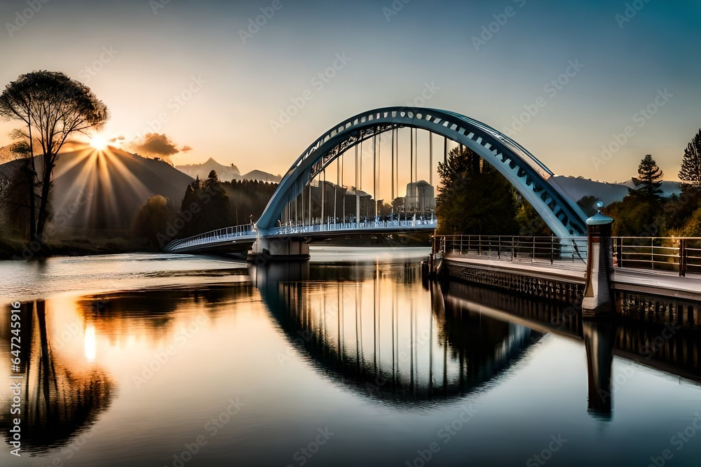 Obraz premium Arched Bridge at Sunset with River Reflection