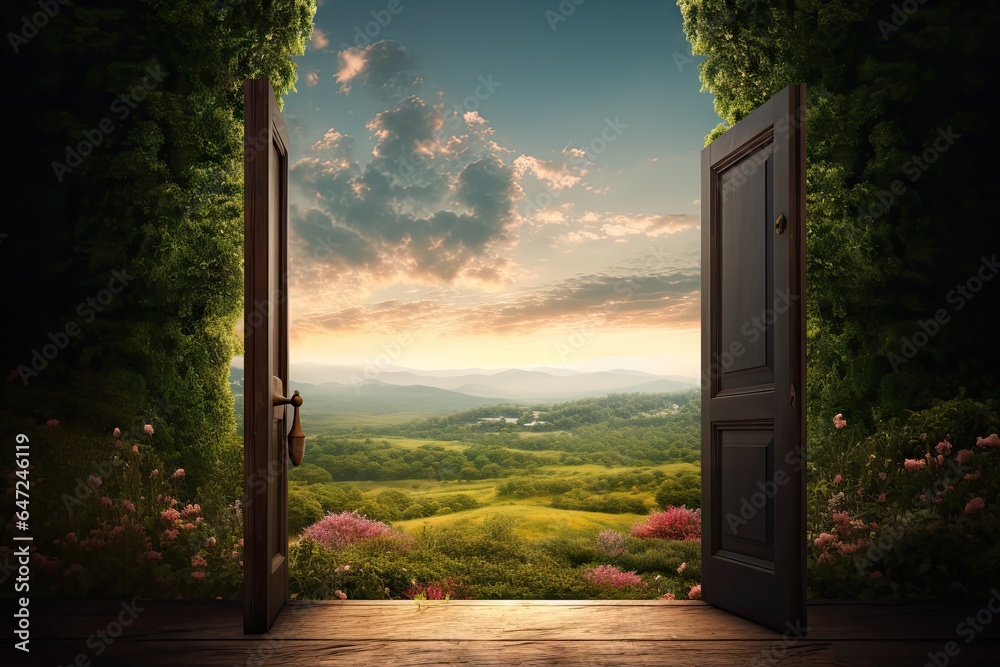 An open door stands in a green landscape - obrazy, fototapety, plakaty 