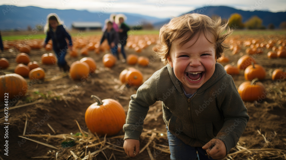 Fototapeta premium Group of girls and boys running in pumpkin patch field at sunny autumn day. Happy friends children faving fun playing outdoors and picking pumpkins on Halloween.